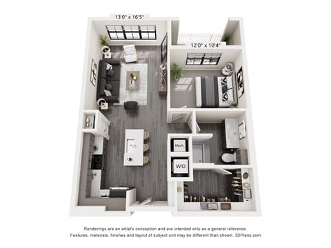 Floor plan for 1 bed, 1 bath, 815 sqft